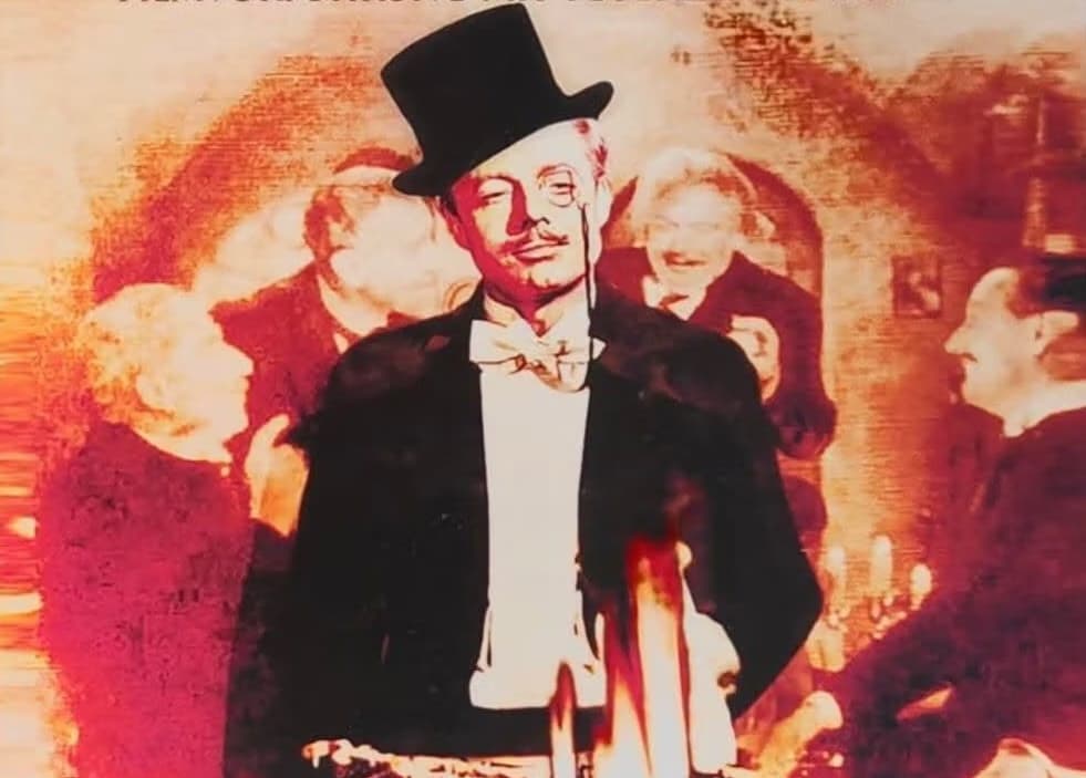 A man in a top hat and monocle stands among others in a warmly lit, retro-style tavern scene.