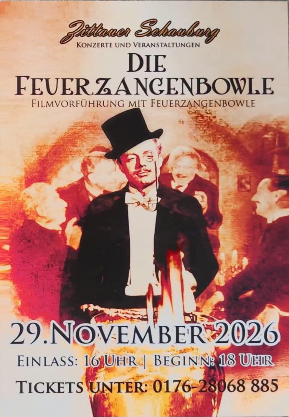 Event poster for Die Feuerzangenbowle film screening featuring a man in a top hat.