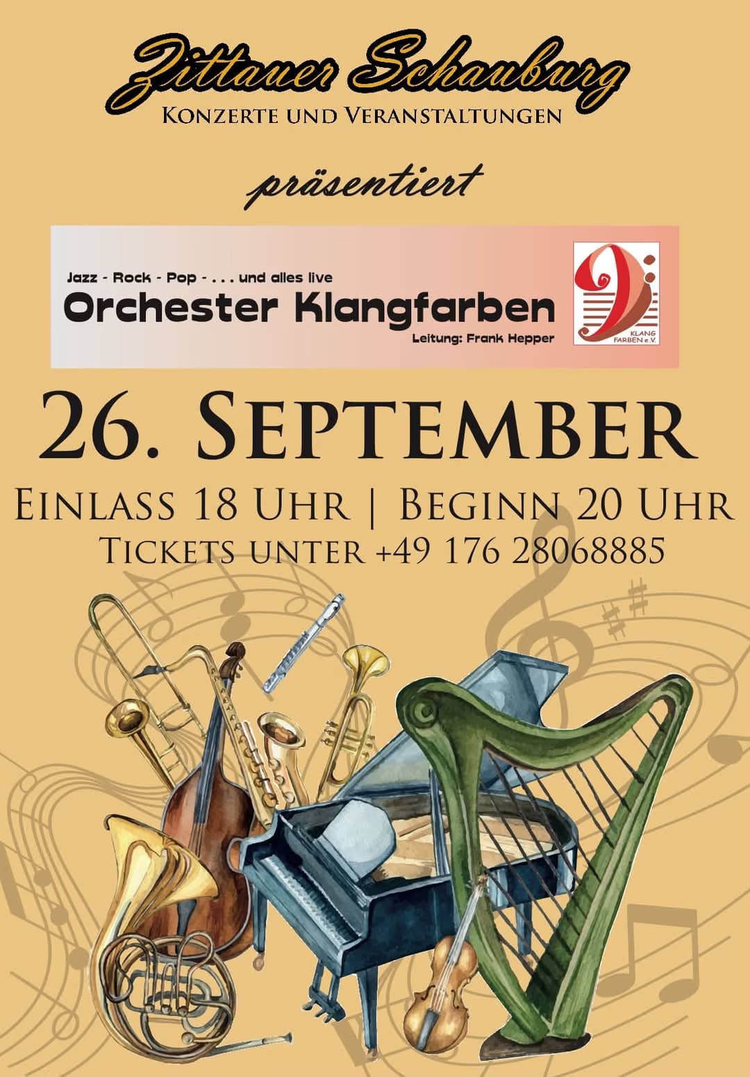 Event poster for Orchester Klangfarben featuring an illustration of various musical instruments.