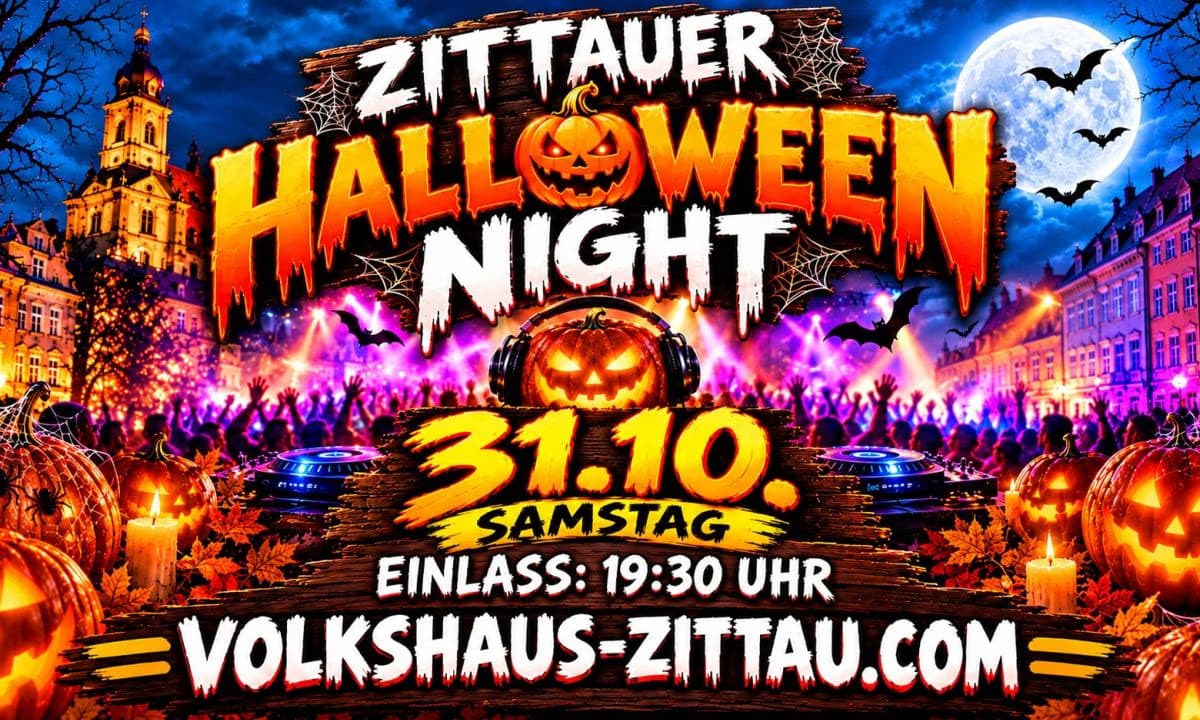 Halloweenský plakát s vyřezávanou dýní, netopýry a textem pozvánky na párty ve Volkshaus Zittau.