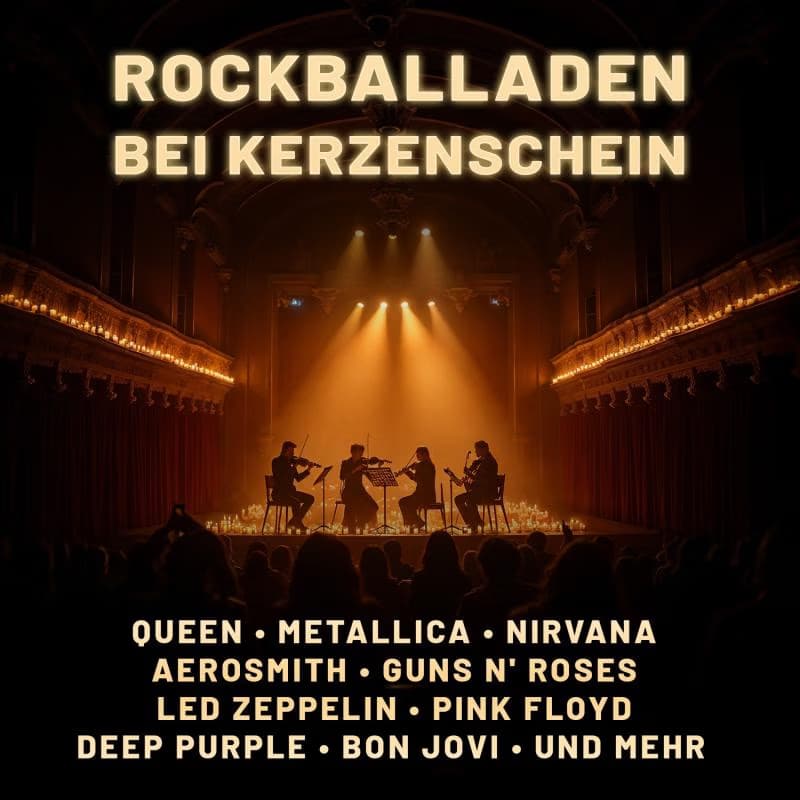 Smyčcové kvarteto vystupuje na pódiu osvětleném svíčkami s nápisem oznamujícím koncert rockových balad.