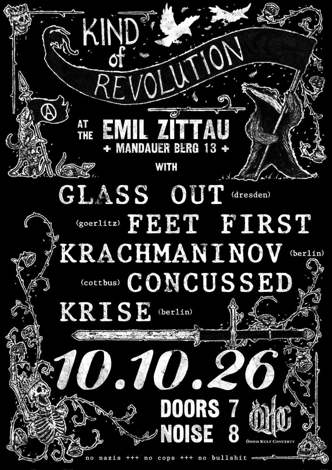 A black and white concert poster featuring illustrative skeletons and band names for an upcoming punk show.