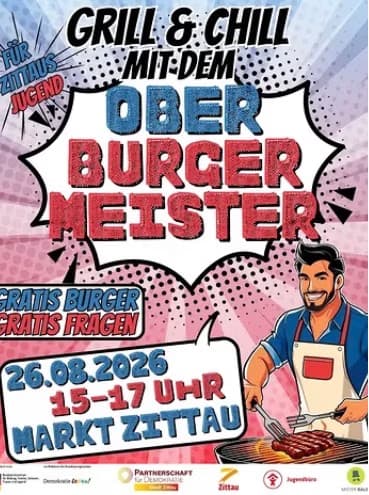 Comic-style poster advertising a grilling event in Zittau with free burgers and discussion.