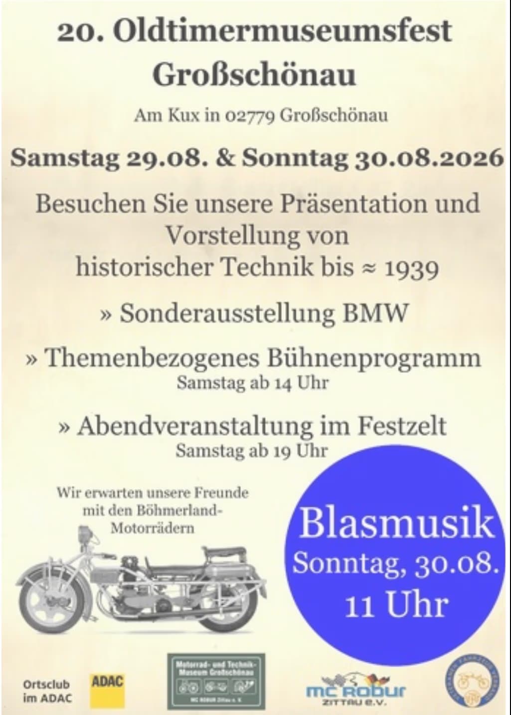 Event flyer for the 20th Oldtimer Museum Festival in Großschönau featuring historic vehicle displays.