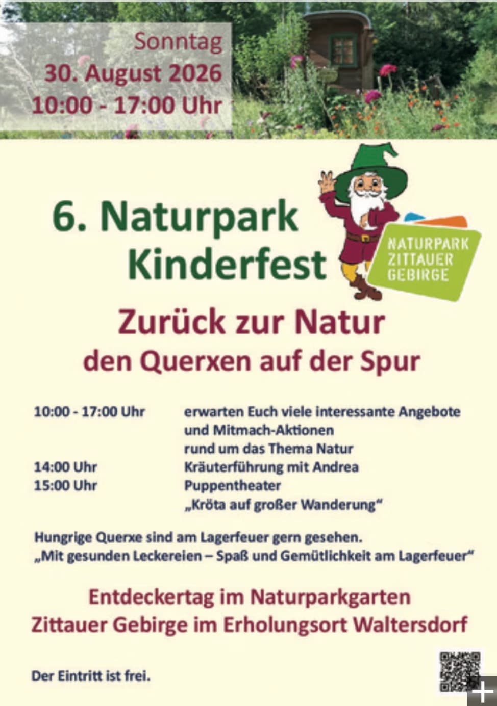 Event flyer for the 6th Nature Park Children's Festival in Zittauer Gebirge featuring a cartoon gnome.
