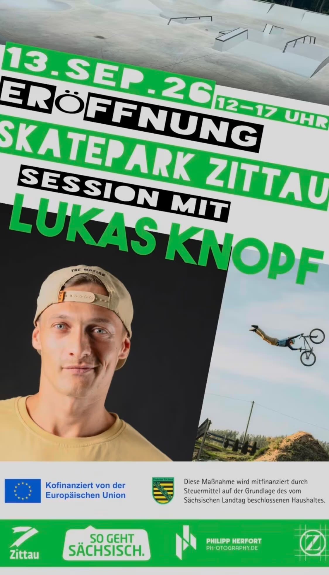 Plakat zapowiadający otwarcie skateparku w Żytawie 13 września 2026 z udziałem Lukasa Knopfa.