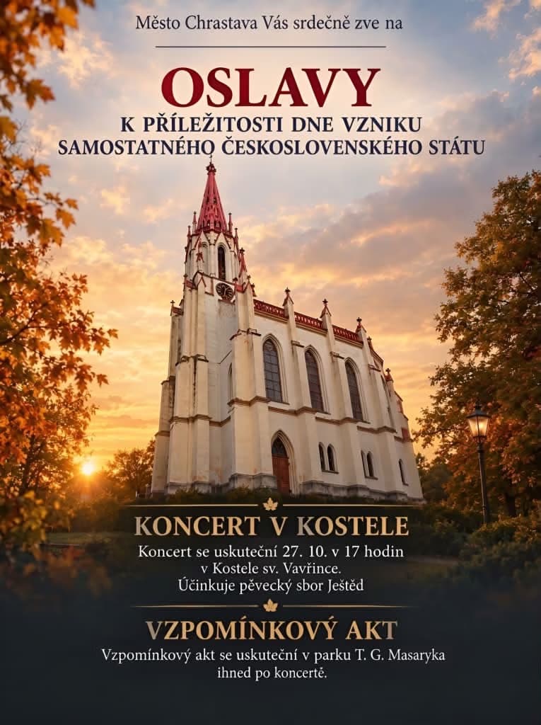 Kościół św. Wawrzyńca w Chrastavie o zachodzie słońca, ogłoszenie obchodów powstania państwa czechosłowackiego.