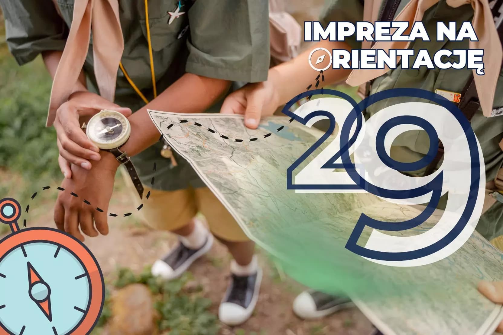 Scouts checking a map and compass outdoors with a large overlay of the number twenty-nine.