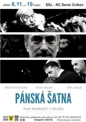 Plakat spektaklu Pánská šatna ze zdjęciami aktorów Martina Dejdara, Petra Vacka i Jiřígo Lábusa.