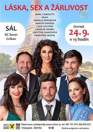 Plakat spektaklu teatralnego z portretami sześciorga aktorów na tle wieży Eiffla.