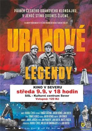 Plakat filmowy dokumentu o wydobyciu uranu z trzema górnikami na tle dramatycznego tła.