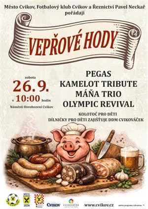 Plakat promujący święto wieprzowiny w Cvikovie z rysunkową świnką i deską wędlin.