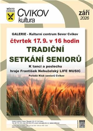 Plakat zapraszający na spotkanie seniorów w Cvikovie z tłem przedstawiającym pole zboża o zachodzie słońca.