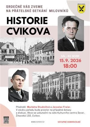 Plakat zapraszający na prelekcję o historii Cvikova, zawierający portrety i historyczne zdjęcia budynków.