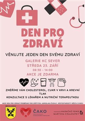 Jasnoróżowy plakat z ikonami medycznymi promuje Dzień dla zdrowia w Cvikovie.
