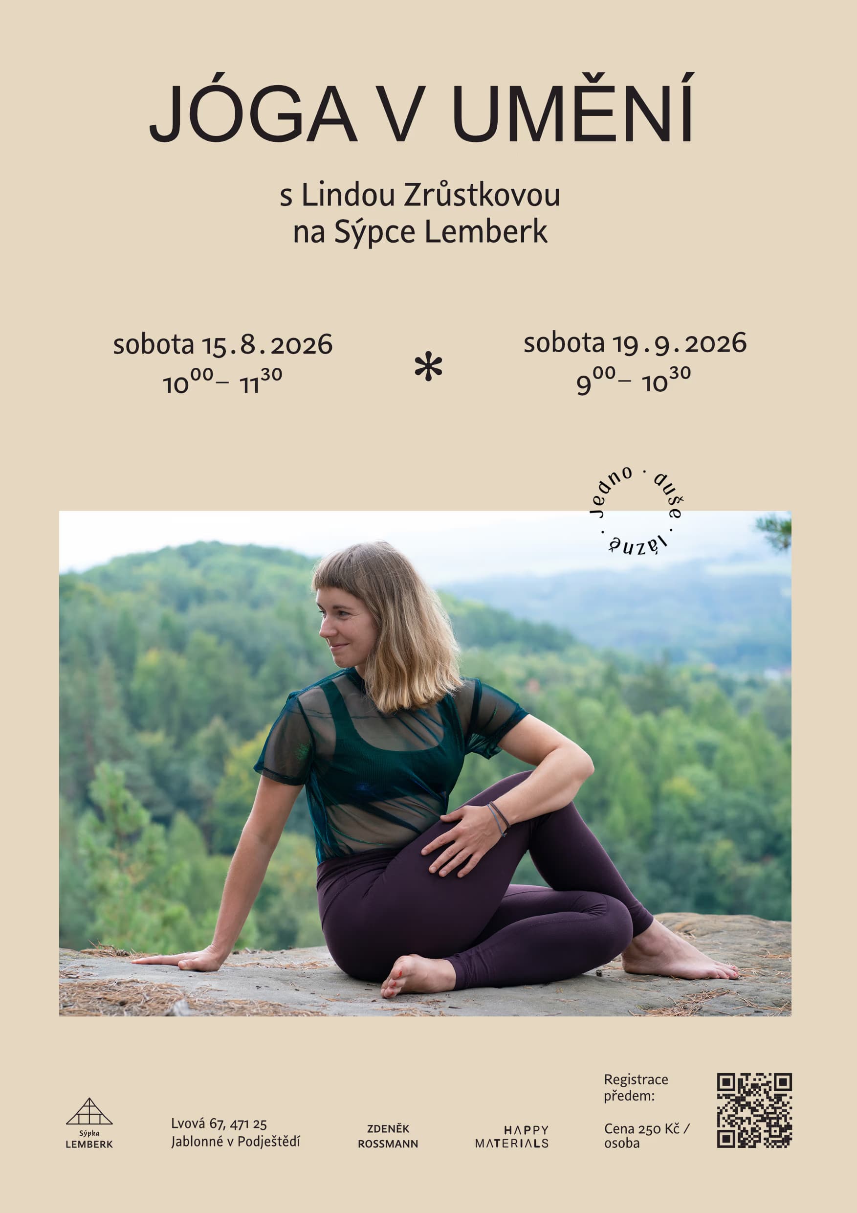 Žena cvičí jógu na skále v přírodě na pozvánce na událost s názvem Jóga v umění.