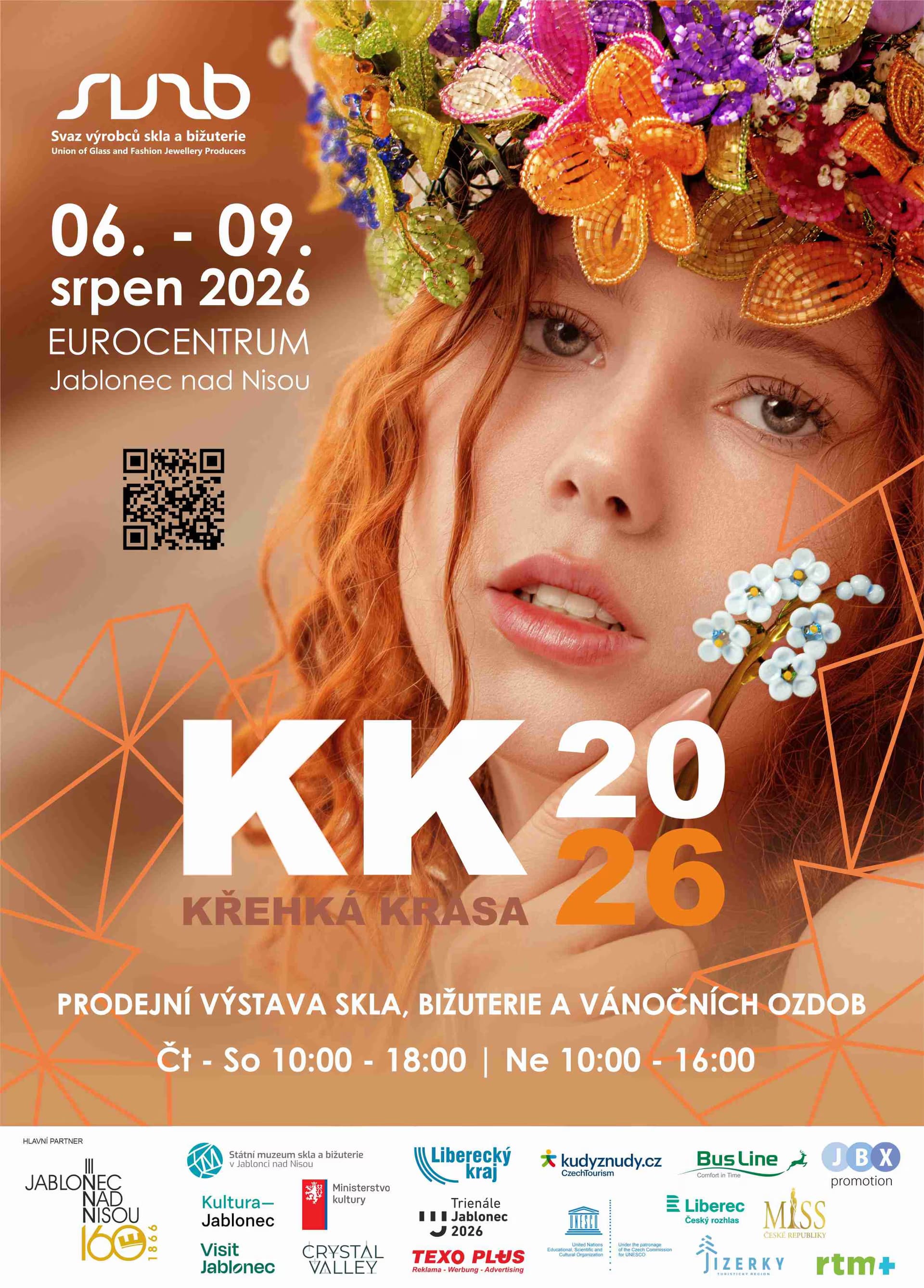 Young woman with a bead flower crown advertises the Křehká Krása glass exhibition in Jablonec.