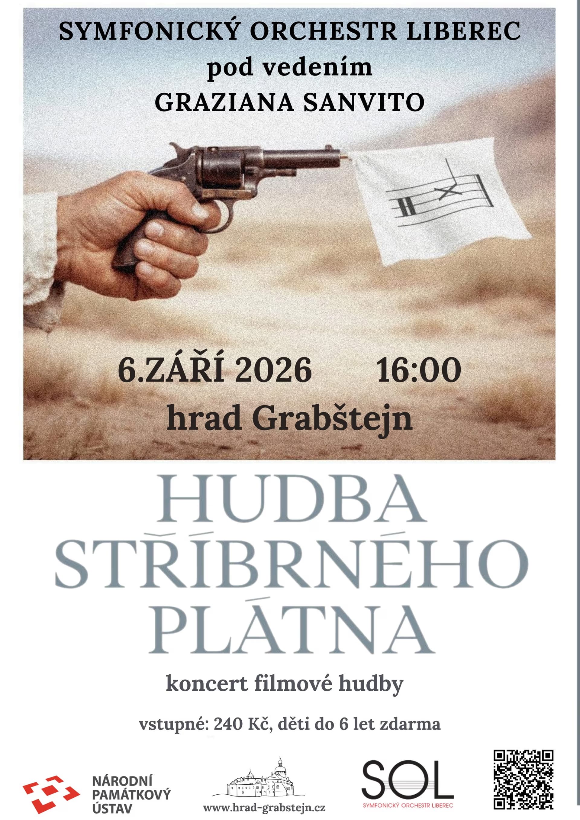 Eine Hand hält eine Waffe mit einer kleinen Fahne mit Noten als Ankündigung für ein Konzert.