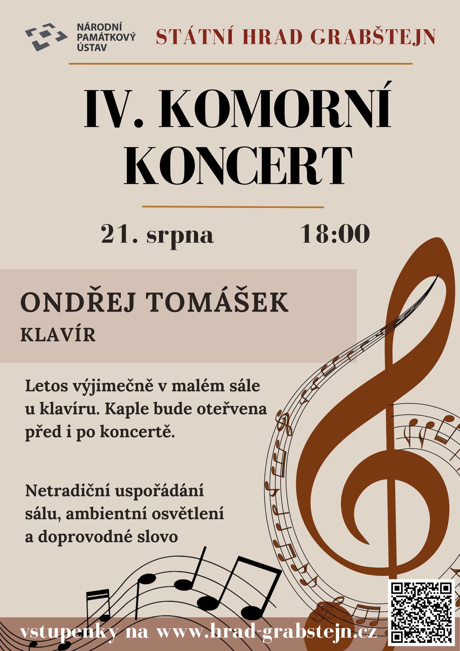 A promotional poster for a piano concert at Grabštejn Castle featuring musical notes graphics.