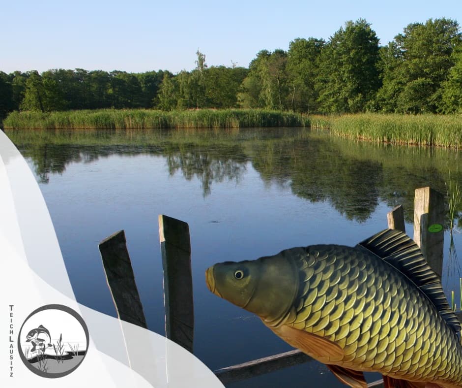A realistic carp sculpture overlooks a calm pond surrounded by dense green trees.