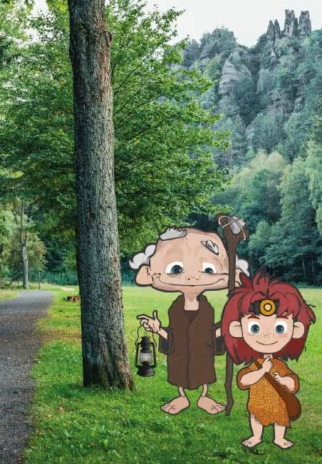 Cartoon characters stand on a grassy path in a park with forested hills in the background.