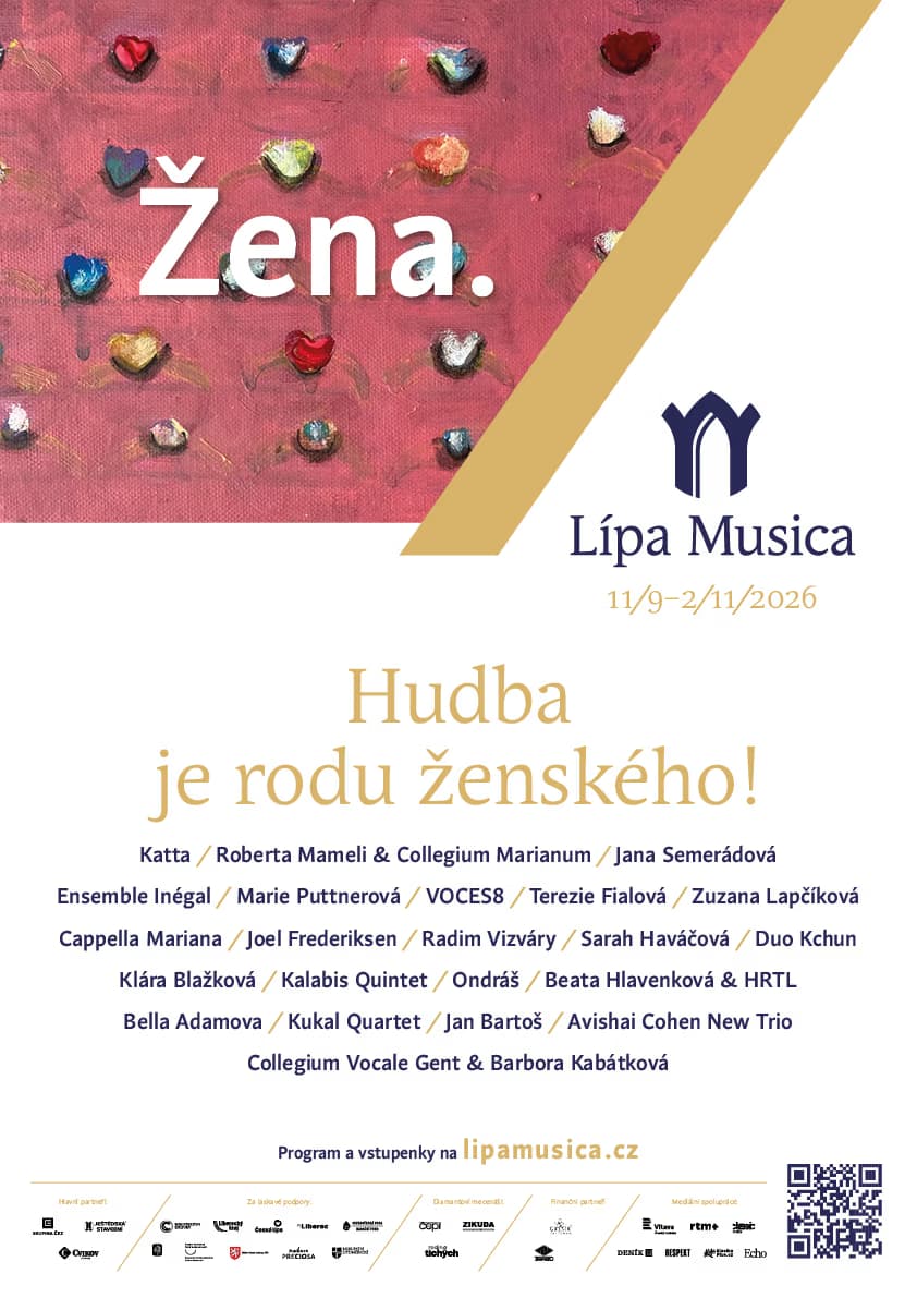 A festival poster features a pink heart pattern, the title Žena, and a list of musical performers.