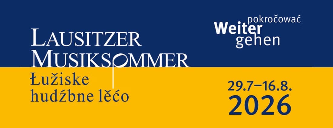 Promotional graphic for Lausitzer Musiksommer festival, featuring event dates on blue and yellow background.