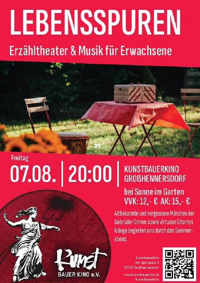 Event poster for a storytelling and music performance in a garden at Kunstbauerkino Großhennersdorf.
