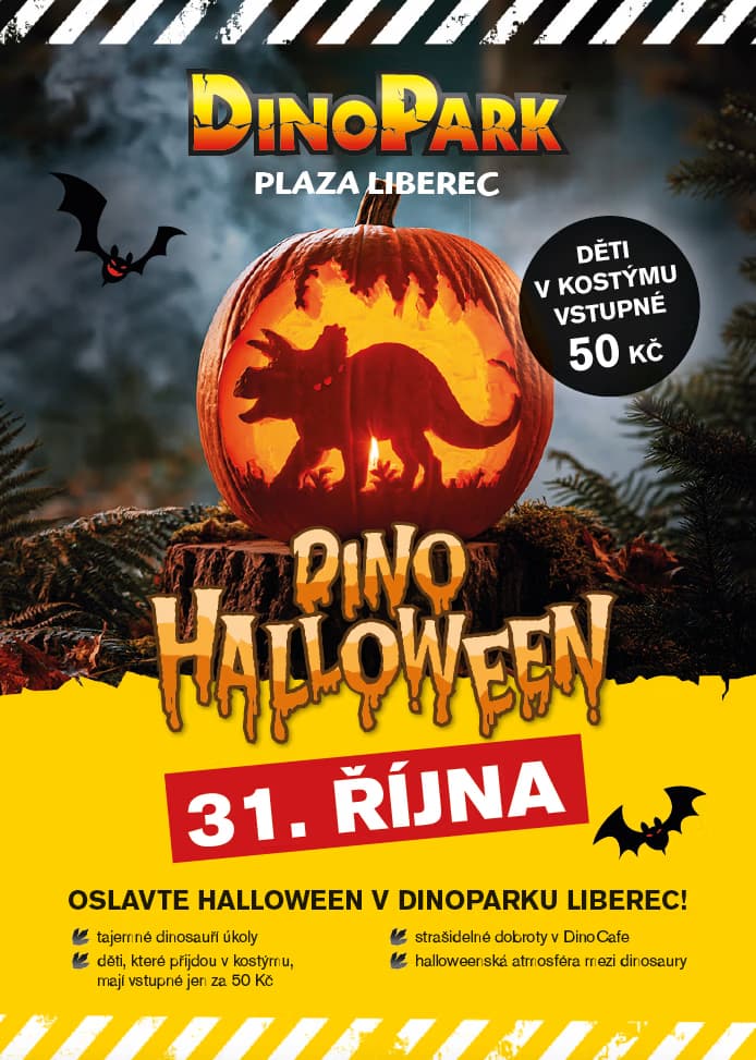 A carved pumpkin with a dinosaur silhouette announces a Dino Halloween event at Plaza Liberec on October 31st.