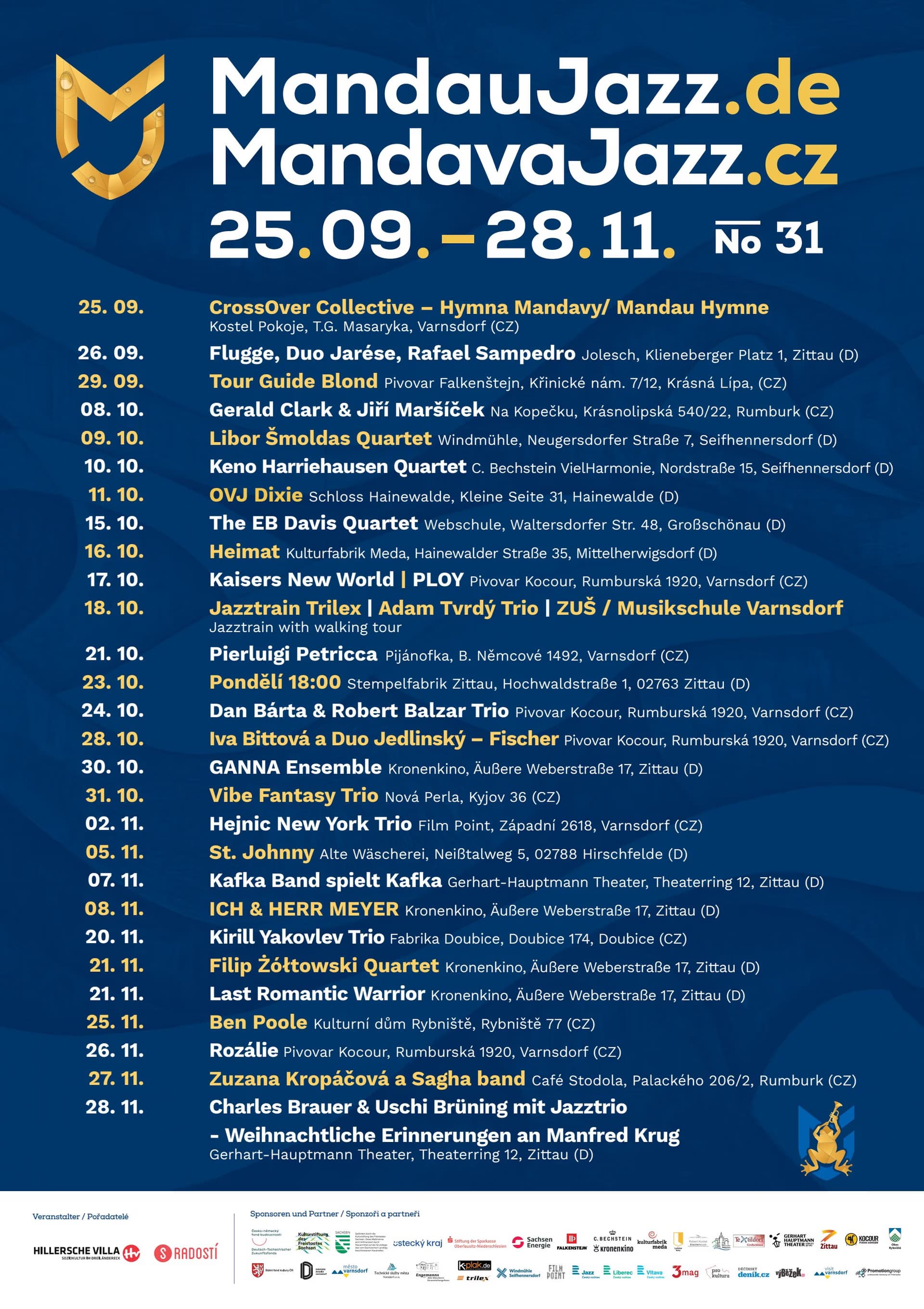 Event poster for MandauJazz music festival featuring a detailed schedule of concerts from September to November.