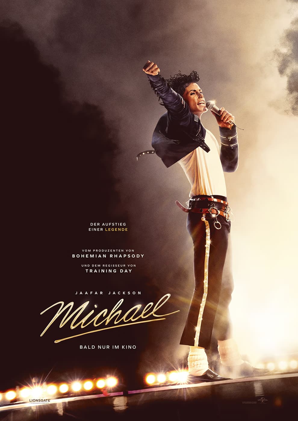 A performer resembling Michael Jackson stands on a stage with bright lights in this movie poster.