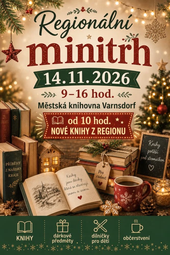 Świąteczny plakat zapraszający na regionalny kiermasz książek w bibliotece miejskiej w Varnsdorfie.