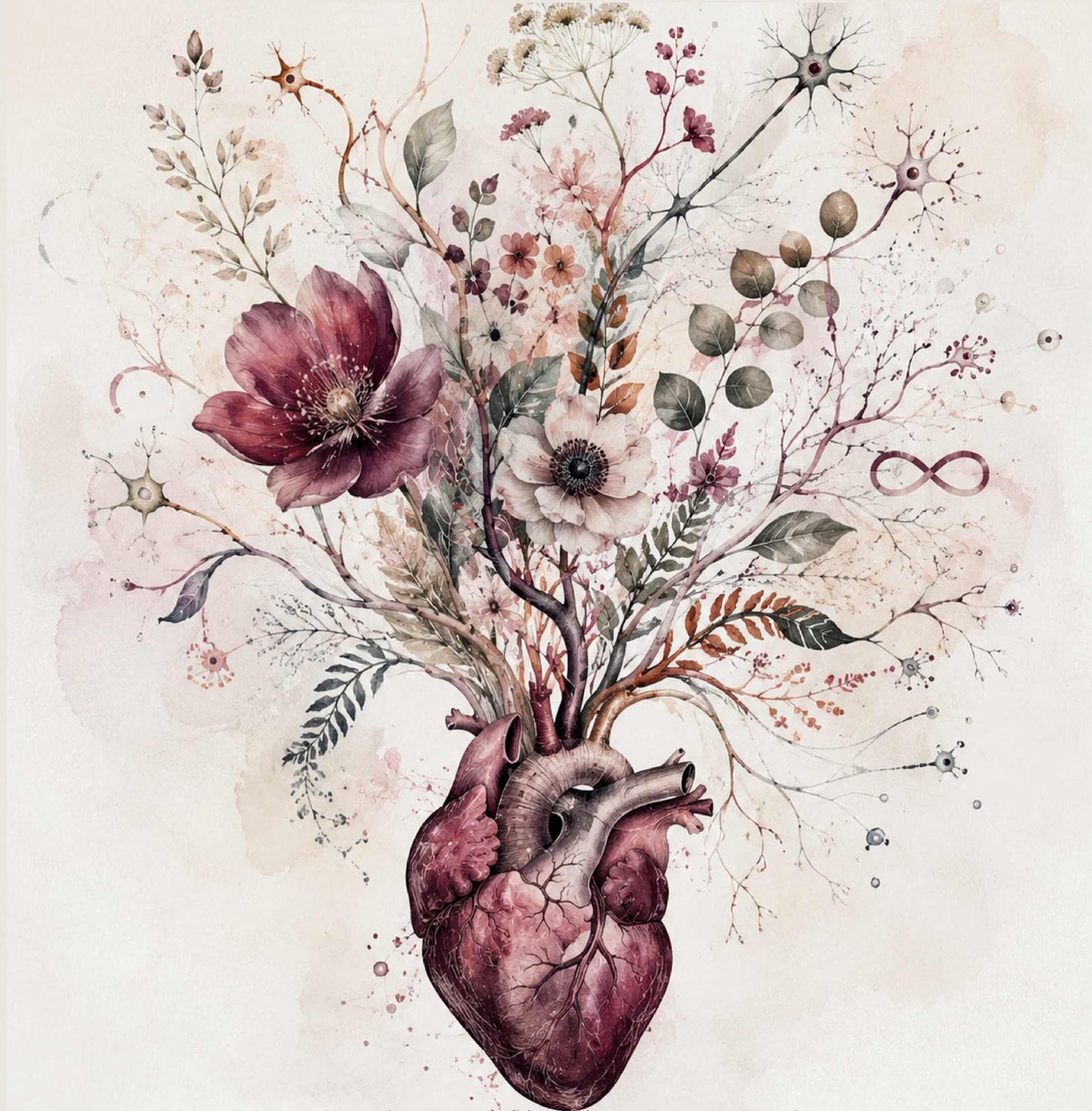 Ein anatomisches menschliches Herz, aus dem bunte Blumen und Zweige wachsen.