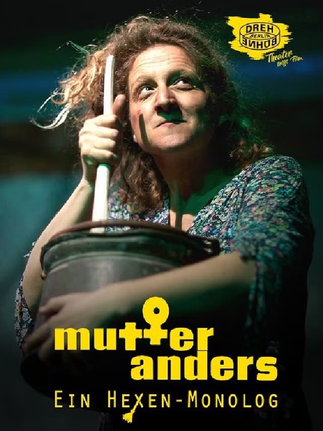 A woman acting on stage holds a large cooking pot and stirring stick with a whimsical expression.