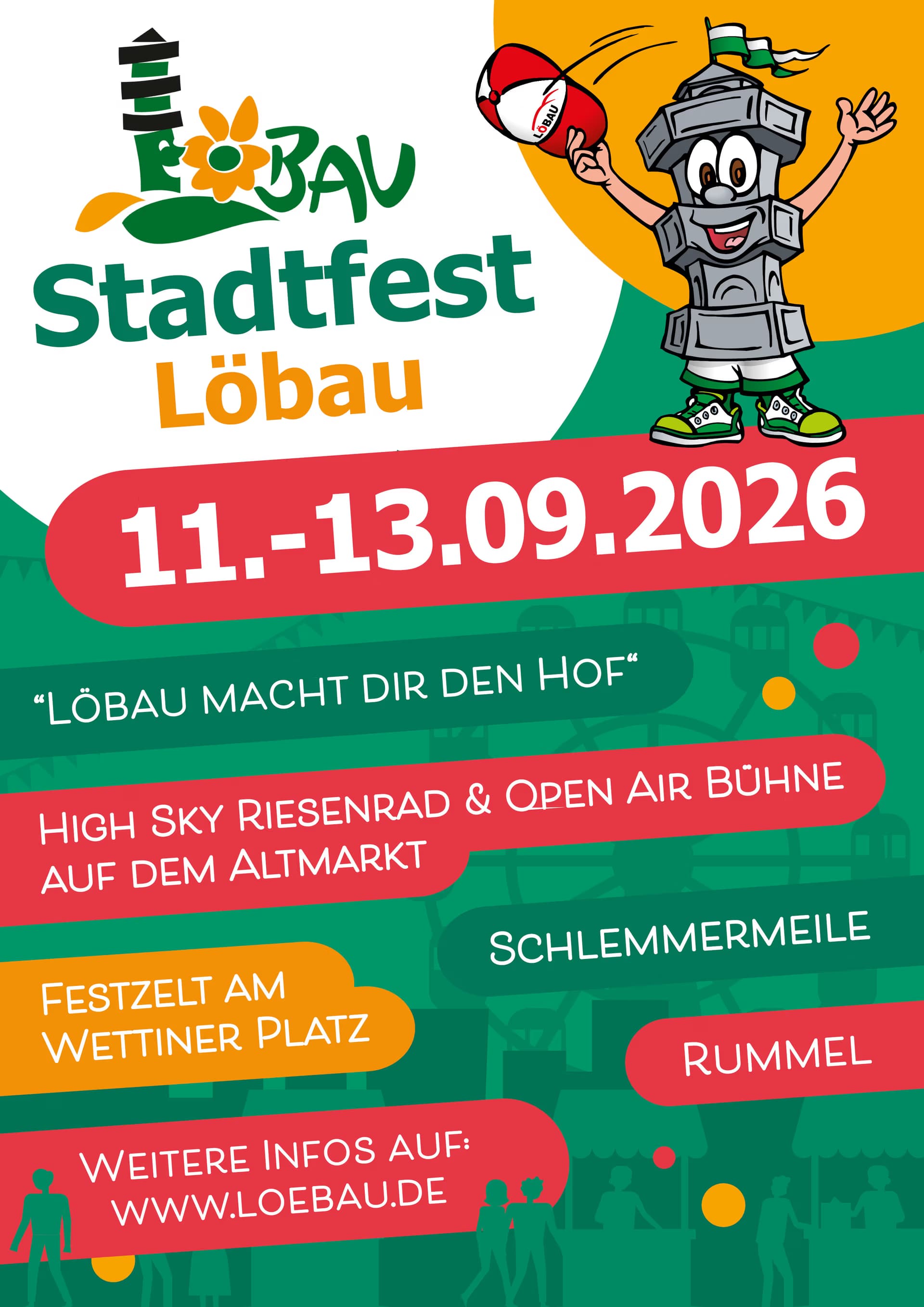 Colorful poster for the Löbau city festival with event dates, locations, and cartoon mascot.