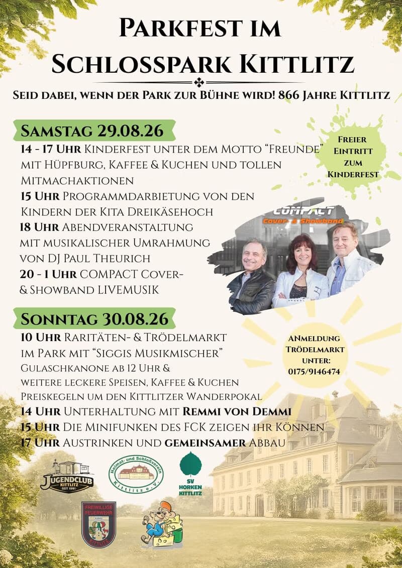 Event poster for Parkfest at Schlosspark Kittlitz detailing a weekend festival program with music and activities.