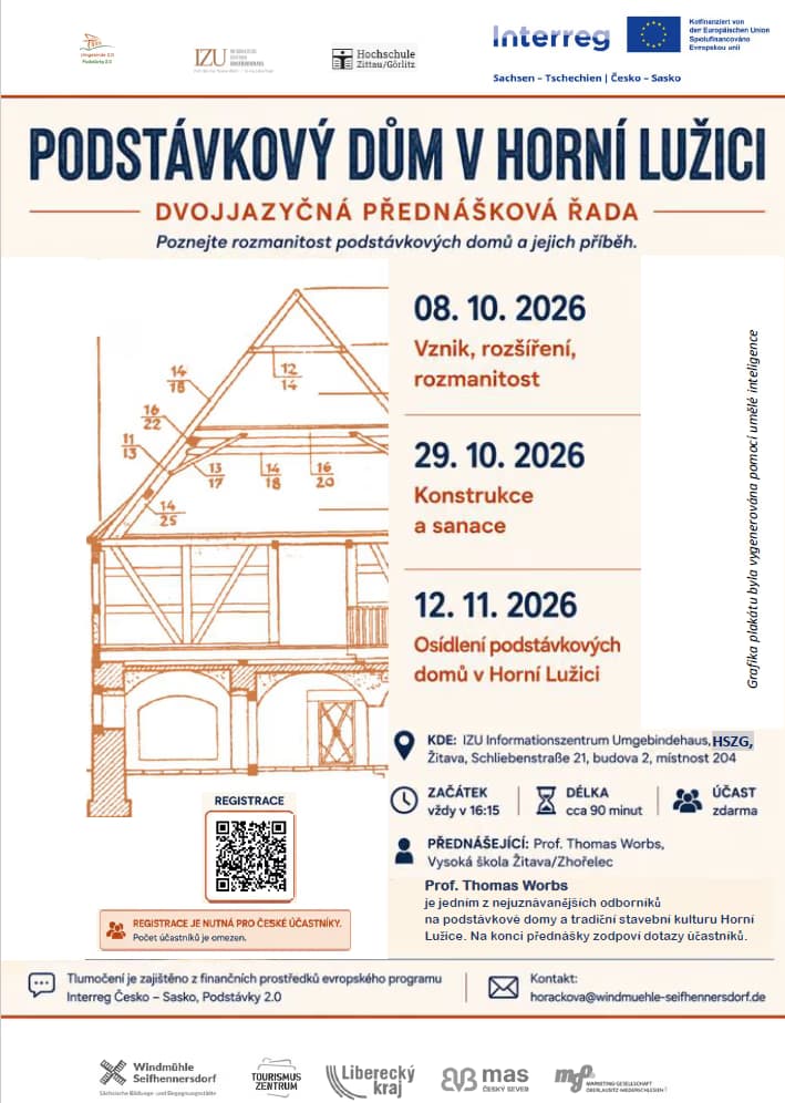 Pozvánka na přednáškovou řadu o podstávkových domech v Horní Lužici s termíny a podrobnostmi.