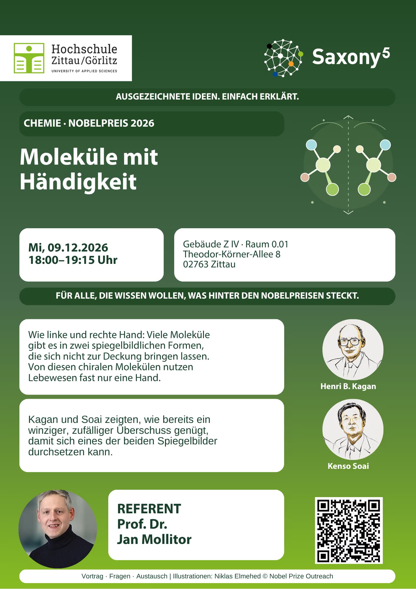 Green event flyer for a chemistry lecture about chiral molecules at Hochschule Zittau/Görlitz.