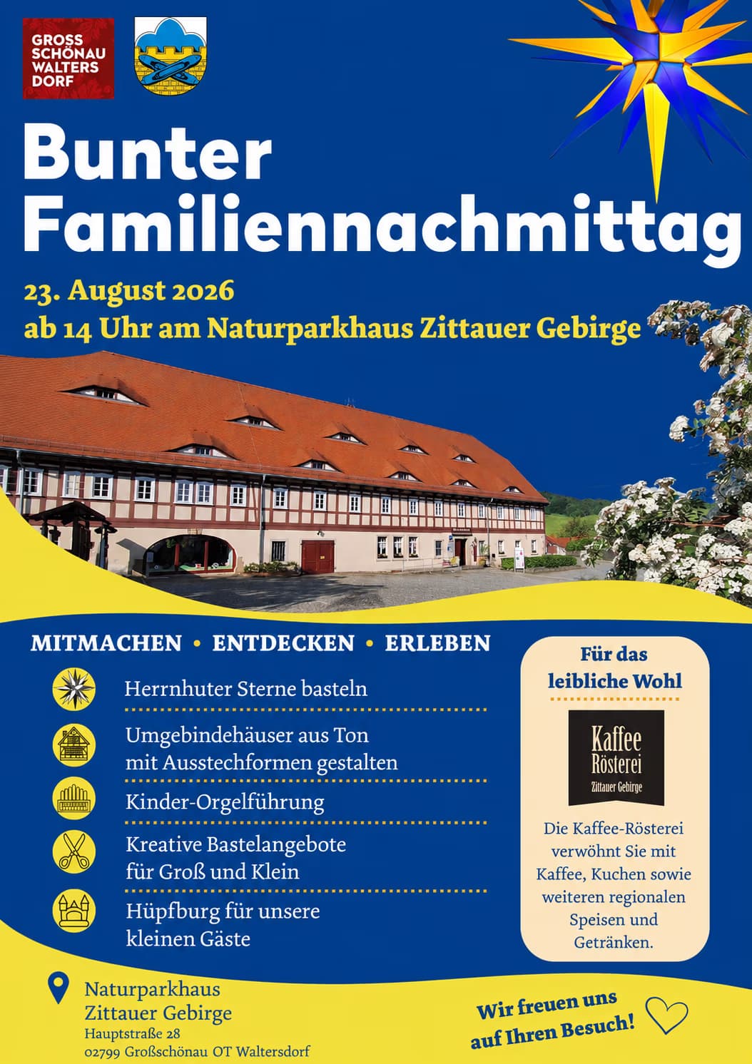 Event poster for a family afternoon at the Zittau Mountains Nature Park house in Großschönau.