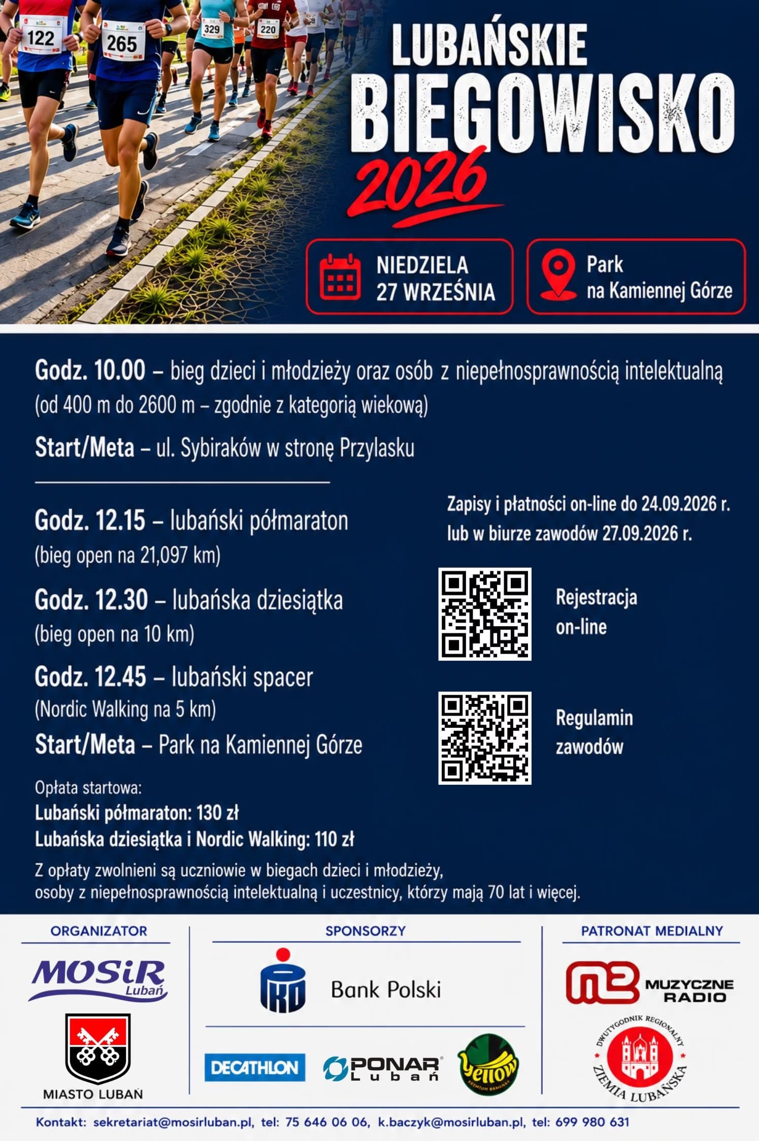Runners in a race event flyer with event details and date for the Lubańskie Biegowisko 2026.