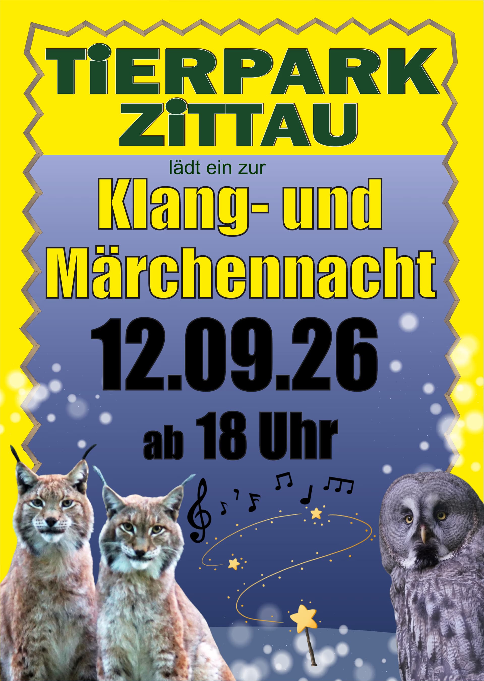Plakat zapraszający na noc dźwięków i baśni w zoo w Żytawie z rysiami i sową.
