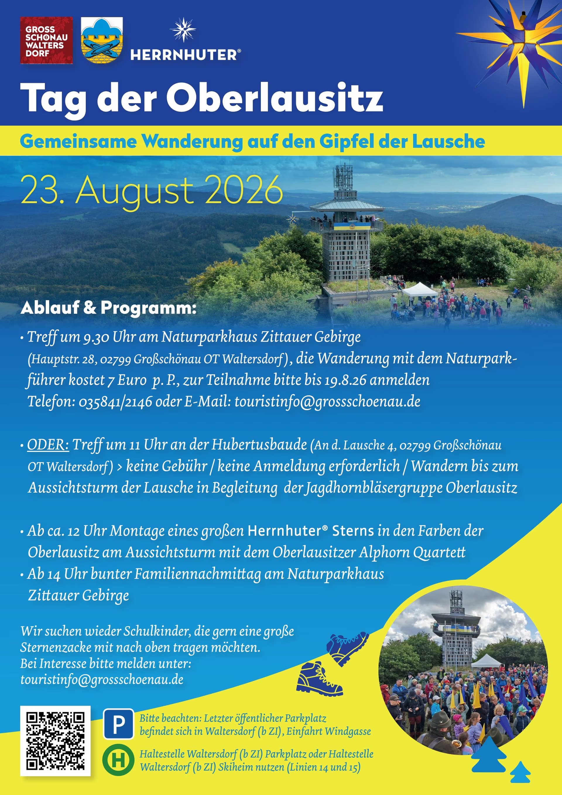 Event poster for Tag der Oberlausitz on August 23, 2026, featuring photos of the Lausche mountain lookout.