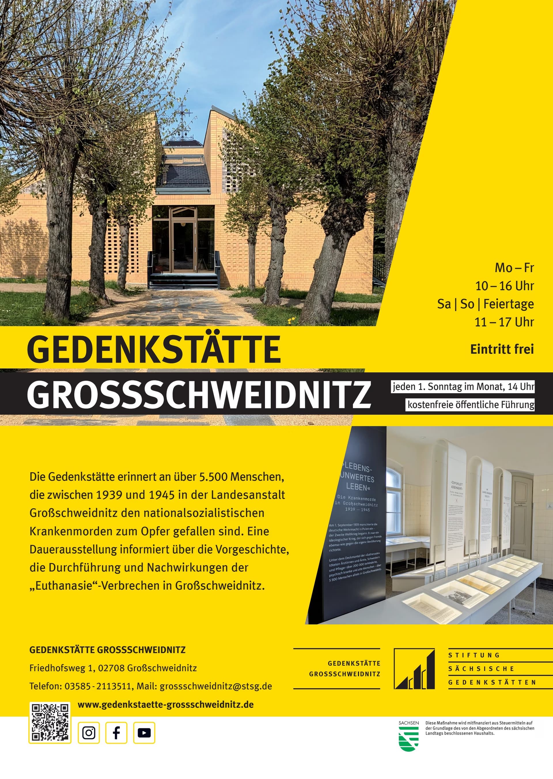 A memorial poster shows the Grossschweidnitz building and exhibition with opening hours and information.