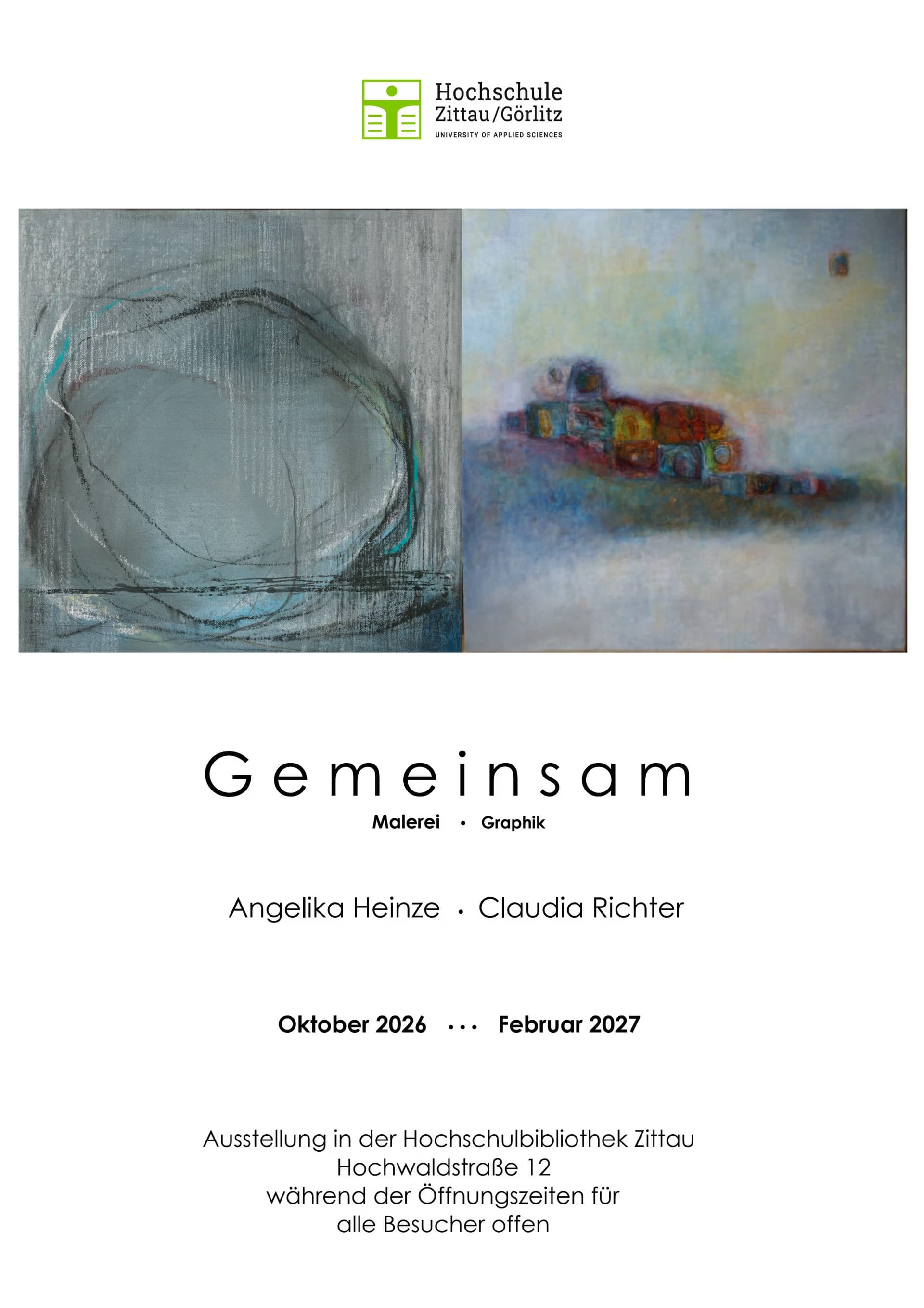 Ausstellungsplakat mit zwei abstrakten Gemälden und den Namen der Künstlerinnen Angelika Heinze und Claudia Richter.