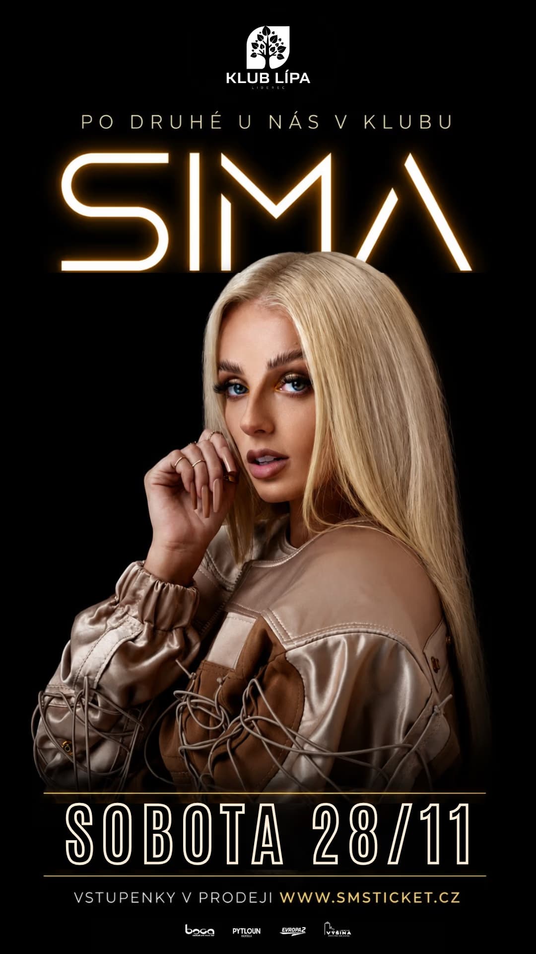 A promotional poster features a blonde woman with glowing text and event details on black background.