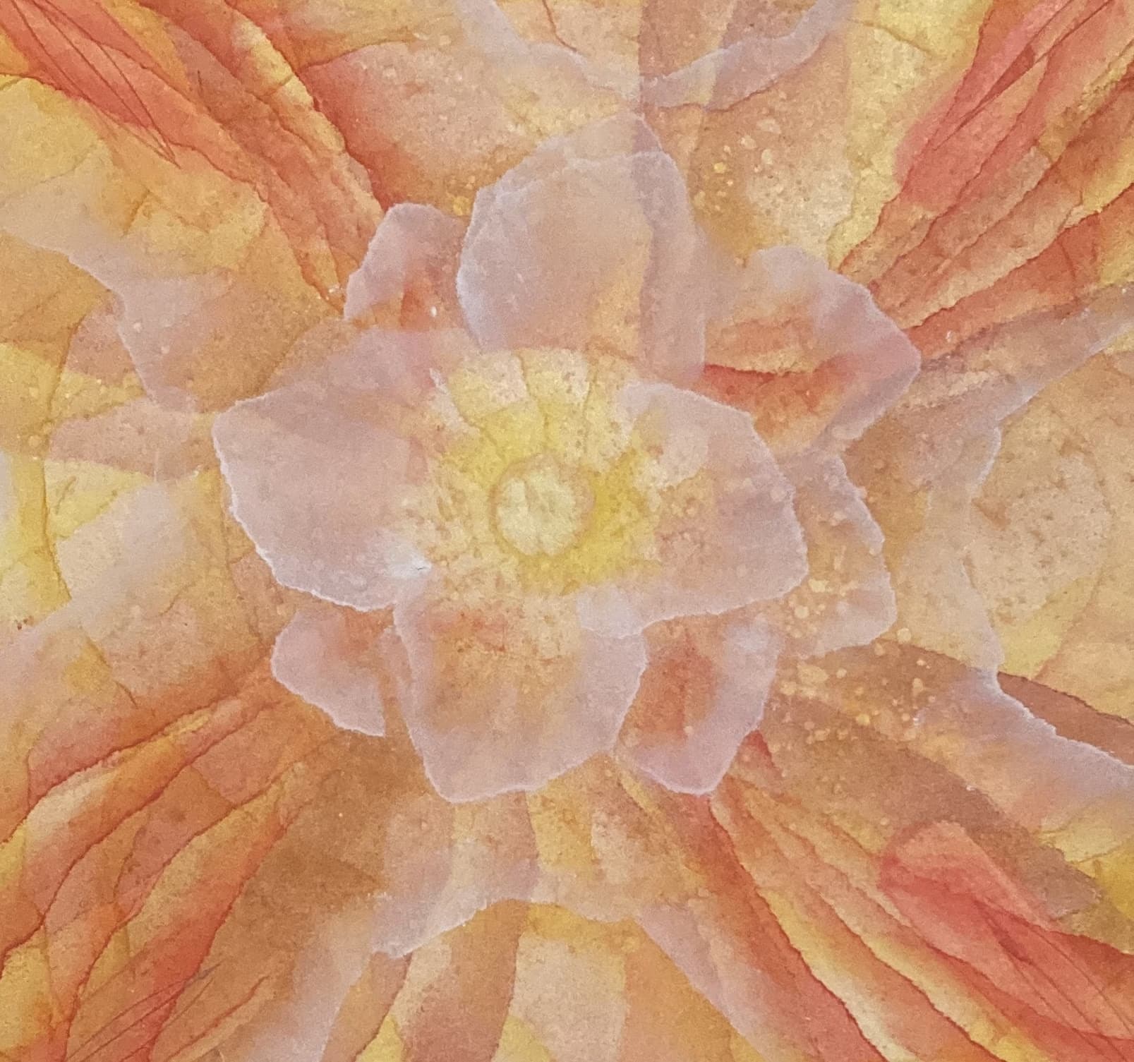 Abstract painting featuring a stylized, translucent flower with layered orange and yellow petals.