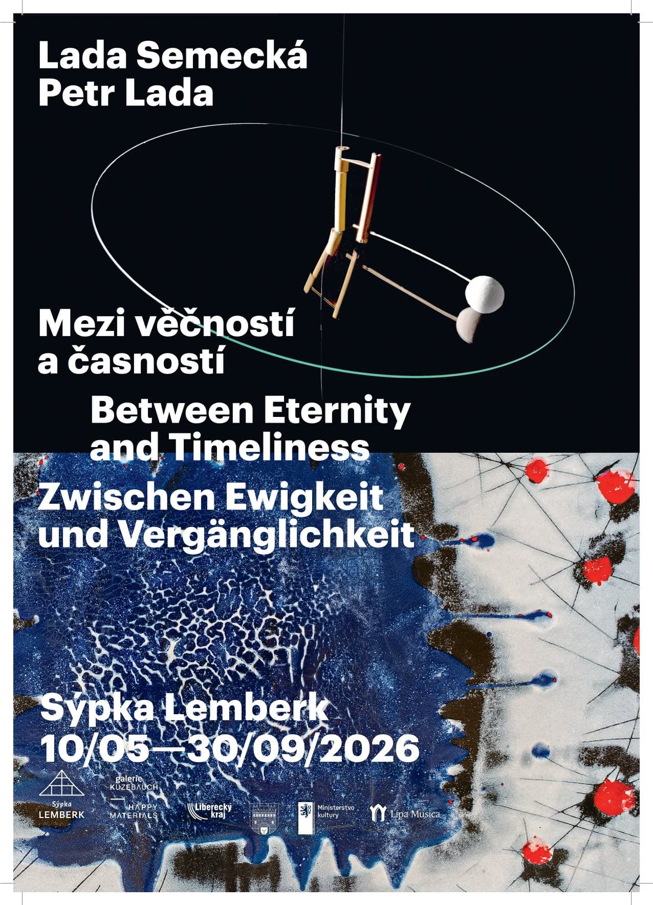 Art exhibition poster featuring abstract textures and minimalist sculpture, text listing artist names and dates.