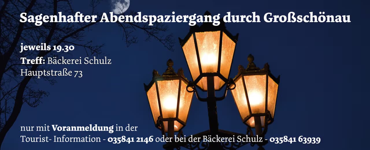 Illuminated street lamps against a dark night sky serve as the backdrop for event information text.