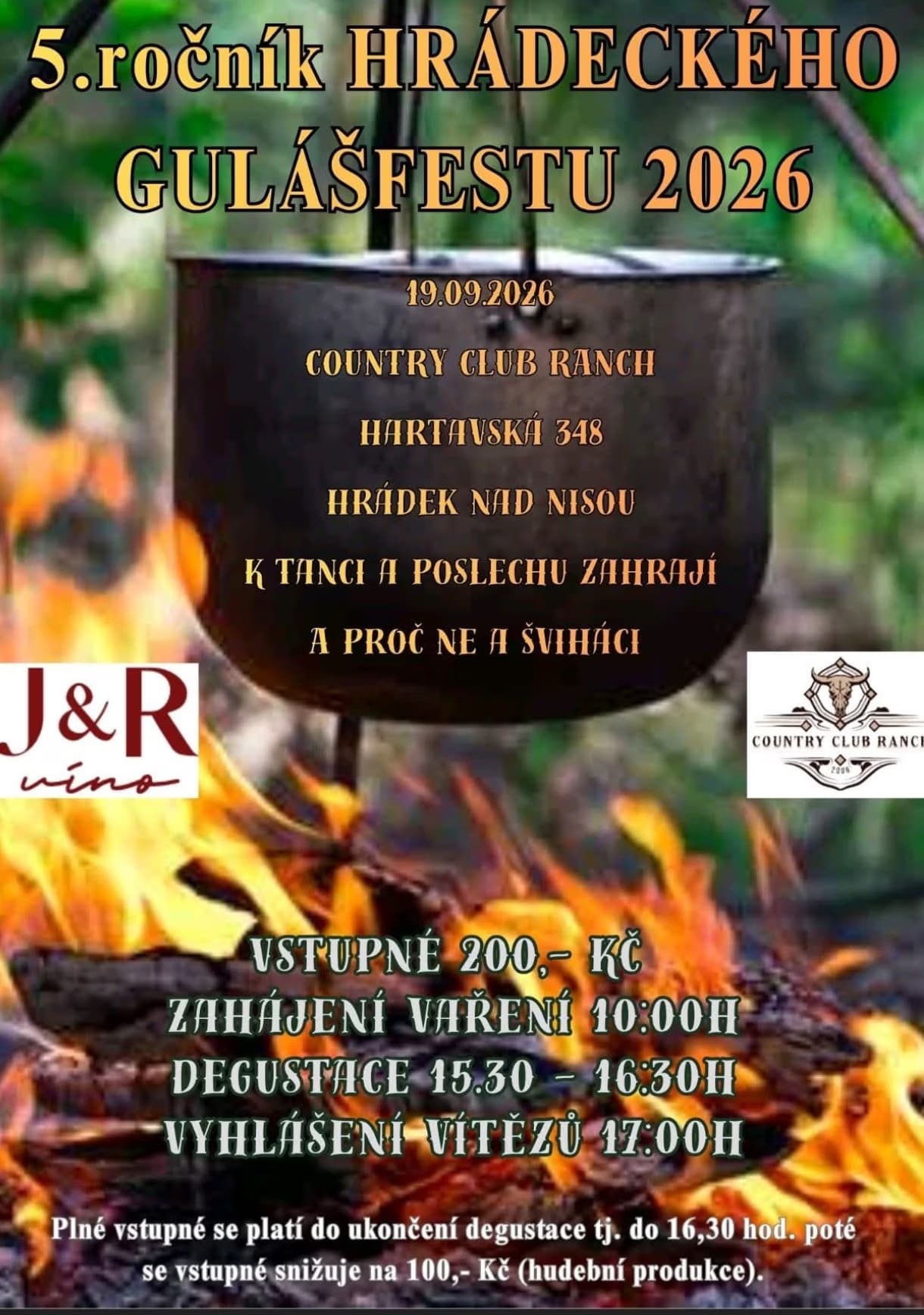 A large cooking pot over an open fire advertises the Hrádecký gulášfest 2026 event.