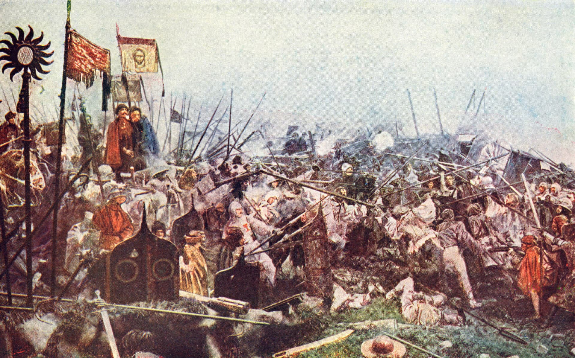 Historical painting of a chaotic medieval battle with soldiers in armor and raised flags.